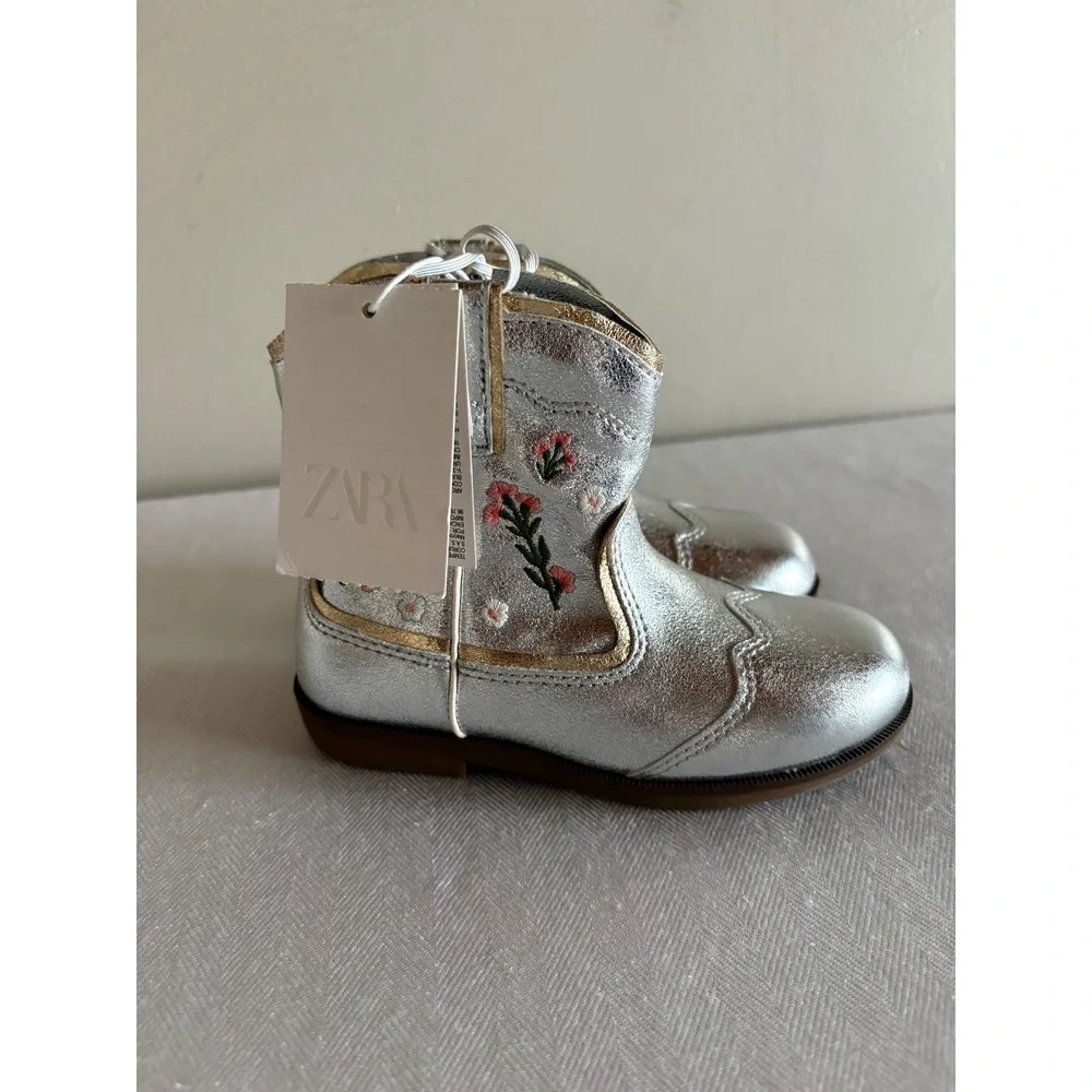 Zara Kids Silver Metallic Embroidered Cowboy Boots Toddler Size 9.5 EU 26 NEW